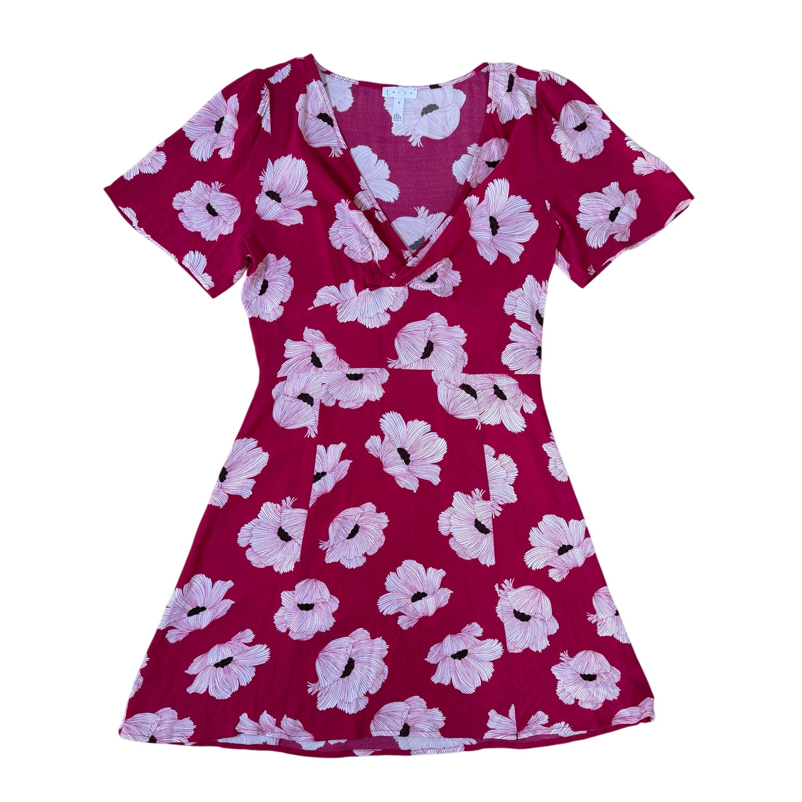 Leith Women's Medium Burgundy Floral V-Neck Fit & Flare Mini Dress Short Sleeve